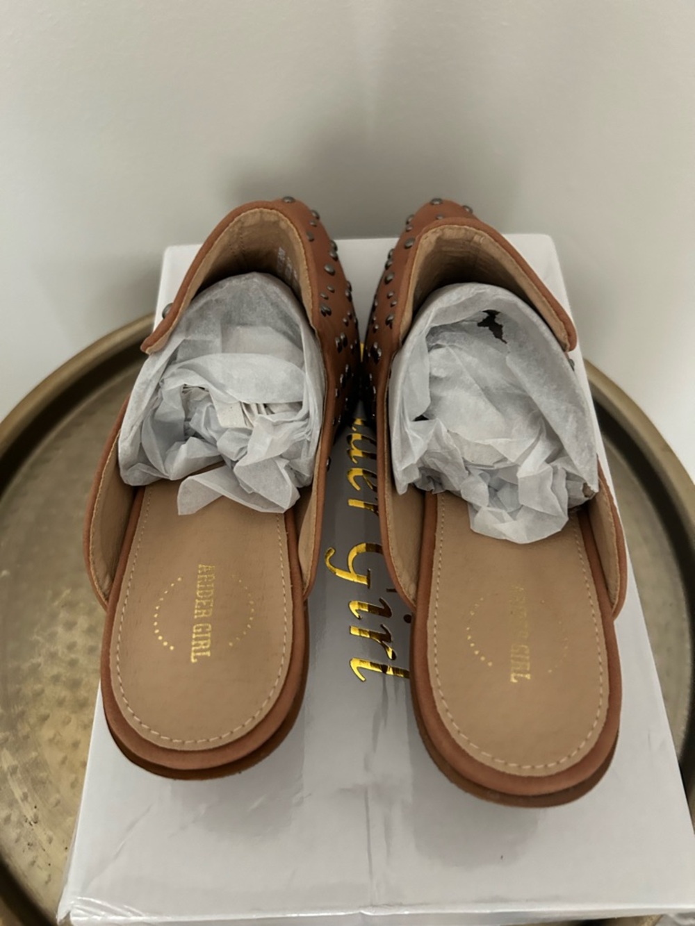 A Rider Girl Studded Tan Slip-On Mules - Picture 3 of 5
